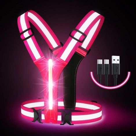 Chaleco reflectante LED recargable por USB, chaleco reflectante de alta visibilidad con cintura y correas ajustables para correr, andar en bicicleta, caminar y motociclismo - Rosa
