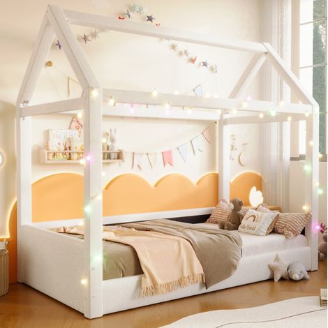 Cama casita tapizada Beige 90x200 cm con LED y somier de láminas (1/5)