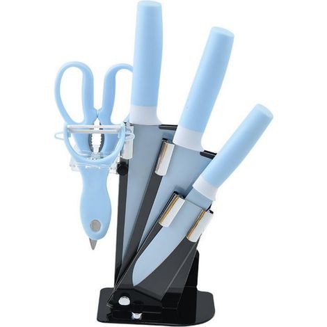 Ensemble de couteaux de cuisine en acier inoxydable, comprenant un bloc à couteaux et des ciseaux, idéal pour la préparation des repas à la maison - bleu