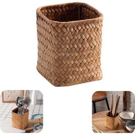 Boîte de rangement en rotin 9 x 10 cm - porte-stylos et vase pour bureau, brune (1/5)
