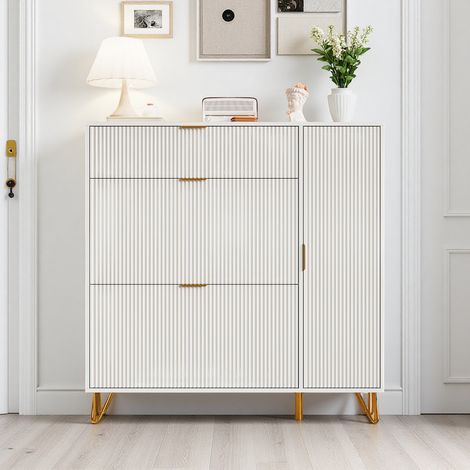 Meuble à Chaussures 110x24x120, Armoire Basculante avec Porte à Persiennes, Meuble avec 2 Abattants, Cabinet Botte sur Côté, Chaussures avec Compartiments, Pour Couloir, Vestiaire, Blanc (1/5)