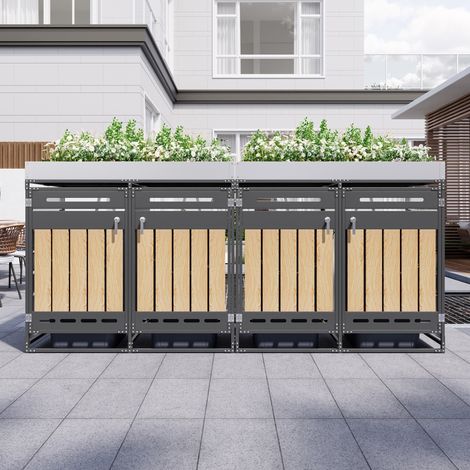 Lot de 4 cache-poubelles avec bac à plantes, panneaux verticaux effet bois, ventilation à fentes longues, armoire de jardin en métal avec serrure