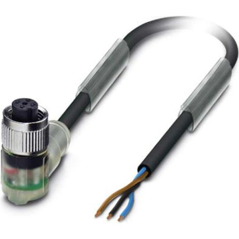 Câble de capteur M12 en PVC avec LED, connecteur coudé à 3 broches, codage A, longueur 4,0 mètres, noir profond RAL 9005, câble