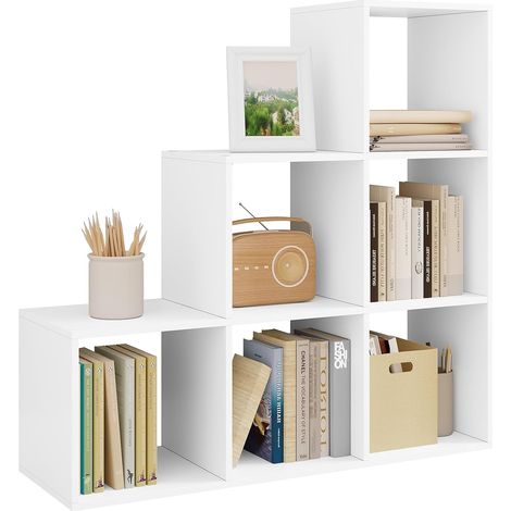Woltu – Bibliothèque blanche à 6 compartiments en bois d’ingénierie – Dimensions 90x29x90 cm – Étagère escalier pour salon et bureau – Résistante à l’usure