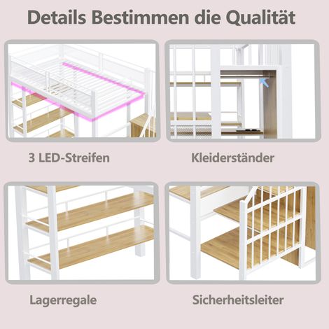 Lit mezzanine 90x200 cm avec bandeau LED et prise intégrée, lit en fer forgé blanc avec rangement et étagère à livres, lit simple multifonctionnel (1/5)