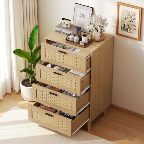 Commode à 4 tiroirs, 55×40×95cm, meuble de rangement anti-basculement, tiroirs en rotin de grande capacité, style moderne, cadre en bois, convient aux chambres, salons et entrées, Bois，Chêne
