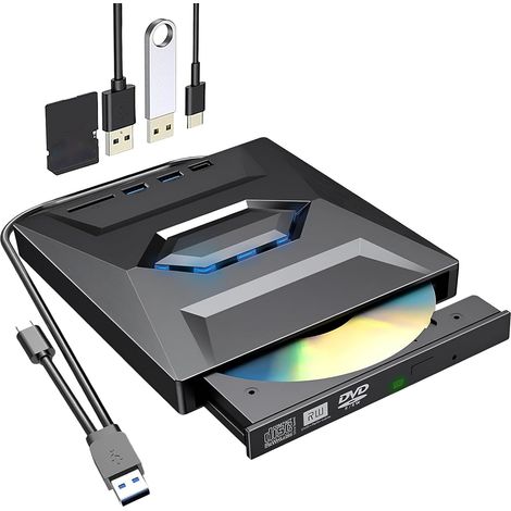 Lecteur Externe CD DVD USB 3.0 Type C, Lecteur de CD et DVD et Graveur Externe USB, Compatible avec Windows XP/Vista / 7/8 / 10/11 / Linux/Mac OS (1/5)