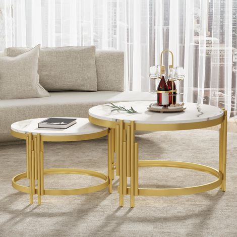 Tavolini bassi gigogni set da 2 71,5x71,5x44/51,5x51,5x37 cm bianco e oro, effetto marmo MEUBLIV (1/5)