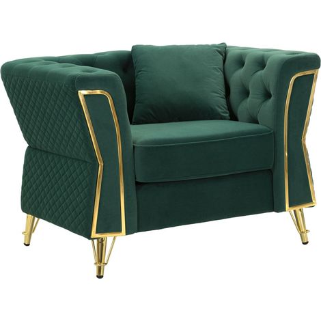 Poltrona Emy con cuscino in tessuto verde e gambe oro 104x83x76 cm