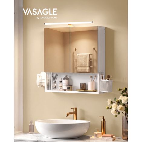 Meuble de Salle de Bain avec Éclairage LED, Multiprise, Panier Suspendu, Support pour Sèche-cheveux, pour Lavabo, Blanc (1/5)