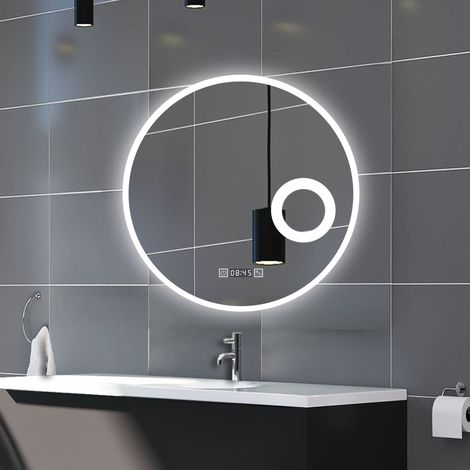 Aica Miroir Salle de Bain LED Rond 70cm Tricolore + Dimmable + Horloge + Loupe + Fonction Mémoire + Anti-Buée