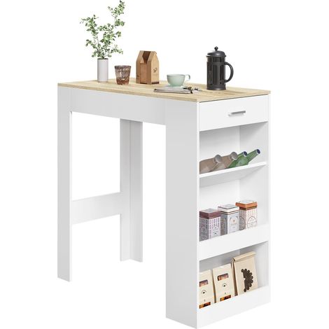 WOLTU Mesa Alta de Bar con 1 Cajón y 3 Estantes, Madera Contrachapada, 100 x 50 x 100 cm, Blanco + Roble Claro