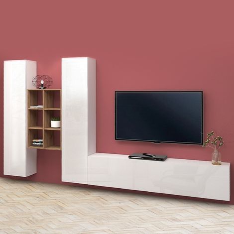 Parete Attrezzata Moderna per Soggiorno 320x30x180cm - ECHO - Colore: bianco laccato lucido (1/5)