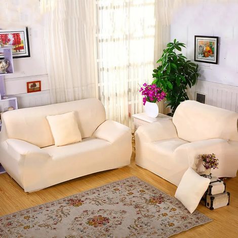 Jetés de canapé, housses de canapé, housses de canapé extensibles élastiques, maille côtelée (Beige, 2 places pour canapé de 140 à 185 cm de longueur) (1/4)