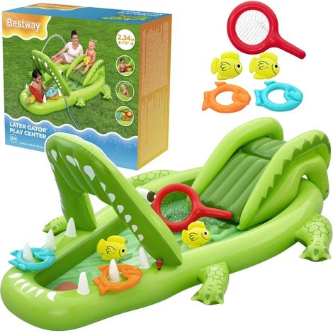 Aire de jeux aquatiques avec toboggan et arroseur, 234 x 198 x 69 cm, motif crocodile (1/5)