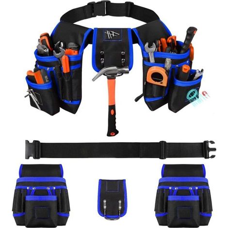 Bardusch - Ceinture porte Outils avec 26 Poches et 1 Anneau Marteau, Magnétique Ceinture Outils avec 3 Aimants Puissants, Amovible et Réglable, pour Électricien, Charpentier, Construction, Noir-Bleu