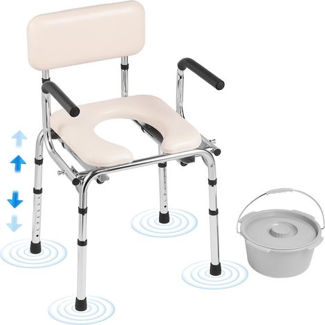 Chaise Percée, Chaise de Nuit avec Siège Rembourré et Accoudoirs Rabattables, Siège de Toilette Hauteur Réglable sur 7 Niveaux, Seau Amovible 5,8 L, Facile à Assembler, Capacité Charge 158,8 kg (1/5)