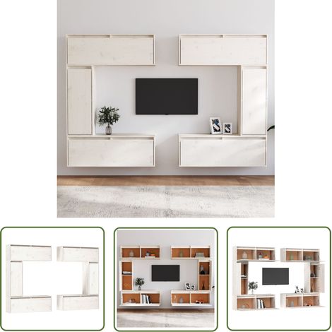 The Living Store Meubles TV 6 pcs Blanc Bois massif de pin - Meuble Tv - Meuble Suspendu - Rangement Mural - Bibliothèque Murale - Décoration Murale (1/5)
