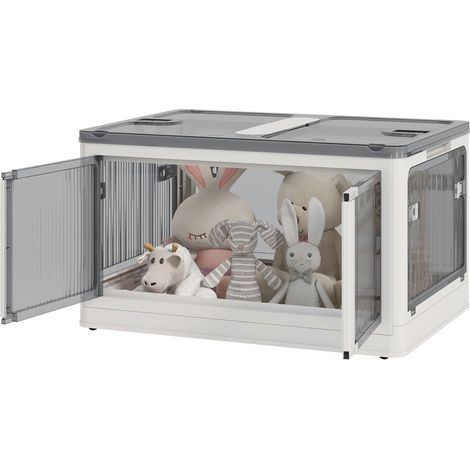 Boîte de rangement pliable et empilable 99L en plastique avec couvercle et 4 roulettes, accès à 5 côtés, blanc (1/5)