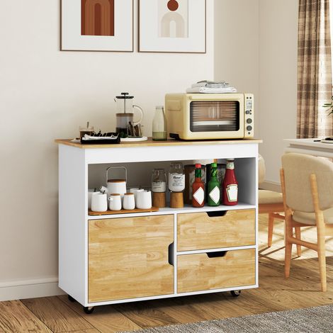 Küchenwagen, Rollbare Kücheninsel, Küchen-Trolley mit Fächern, Schrank und Arbeitsfläche, Weiß