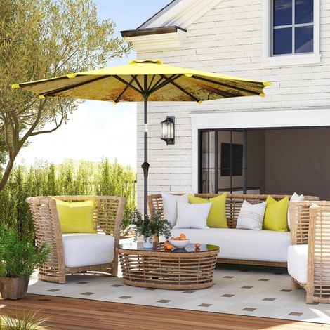 Parasol de jardin en aluminium jaune Ø294x247 cm, inclinable 2 directions avec manivelle et toile ventilée (1/4)