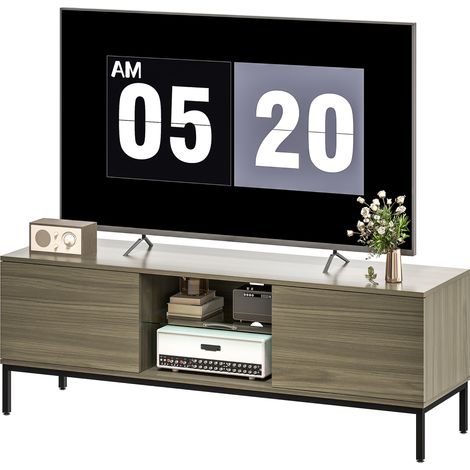 Meuble TV meuble télé pour téléviseur jusqu'à 60 pouces avec 2 portes et étagère en verre réglable 140x40x49,5cm gris (1/5)