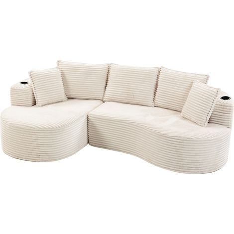 Sofá curvo de pana beige 250 x 152 x 82 cm con portavasos, bolsillo lateral y cojín (1/5)