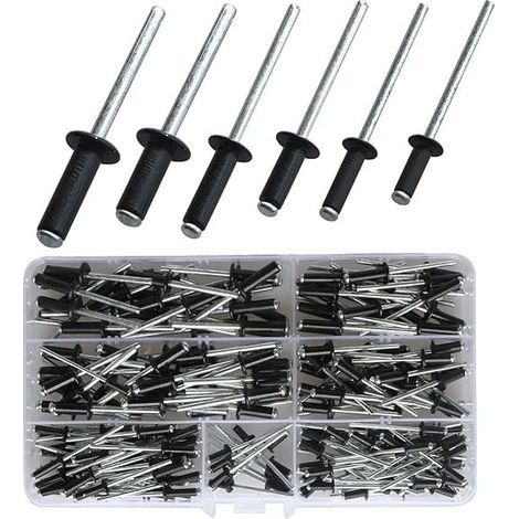 Lot de 210 rivets aveugles en aluminium à grande bride (3,2/4/5 mm) (8/10/12/14/16) pour métal, boîte de rangement, meubles, bleu marine (noir) (1/5)