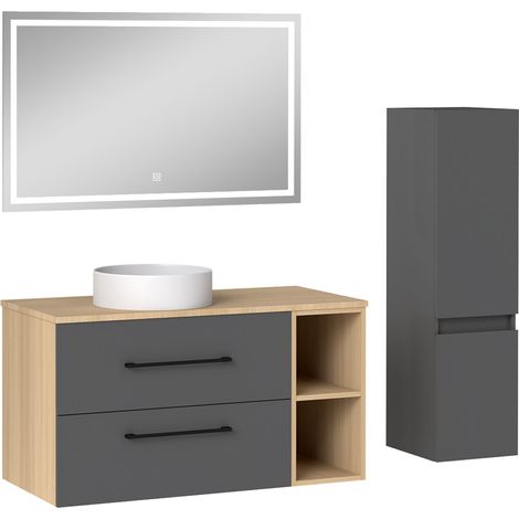Acezanble Ensemble Meuble Salle de Bain 100 cm avec Lavabo, miroir led + colonne 110cm, anthracite + chêne