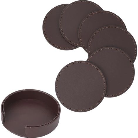 6 x Synthetic Leather Coasters for Table Protector Round Cup Holder 10cm Handmade Brown Leather Table Mat Non-Slip Thermal Insulation Pads with Base (1/5)