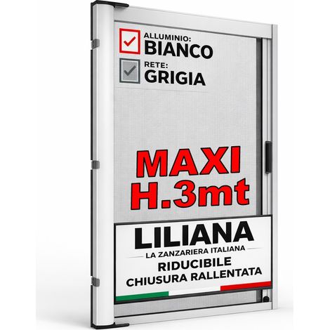 Zanzariera a Rullo "LILIANA MAXI" L 150 x H 300cm Laterale Riducibile per Porta Finestre Con Chiusura Rallentata e Magnetica - Bianco RAL9010 con Rete in Fibra di Vetro Grigia - Made in italy