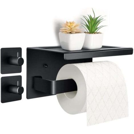 Purpledi Porte Rouleau Papier Toilettes en Aluminium (Perforé/Non perforé) Porte-Rouleau avec étagères Spacieuses Porte Rouleau Papier Toilette Noir Auto-adhésif avec Tablette
