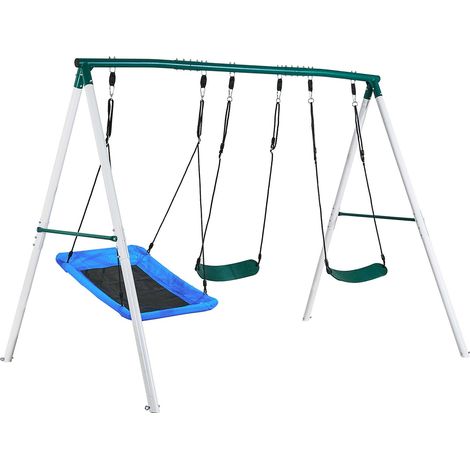 Mophorn Gartenschaukel mit A-förmigem Metallrahmen & zwei Sicherheitsgurten, Schaukelsitz (110 x 80 cm), Belastbarkeit bis 318 kg, Outdoor-Schaukelset, Stabilisiert durch spiralförmige Bodenanker