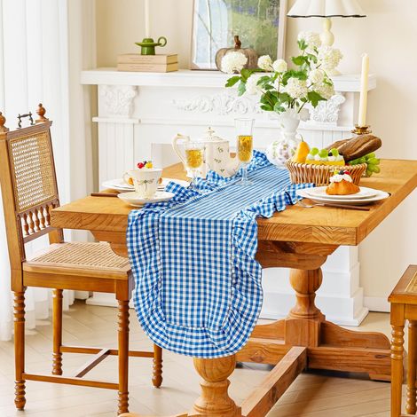 Chemin de table vichy bleu et blanc - 35 x 300 cm - Style maison de campagne - Pour l'été, pique-nique, camping, fête de la bière, jardin, buffet (1/5)