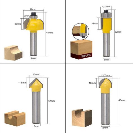 Coffret de 12 fraises à bois jaunes à 8 poignées pour machines à sculpter le bois/fraiseuses électriques/dégauchisseuses, avec boîte en bois. (1/5)