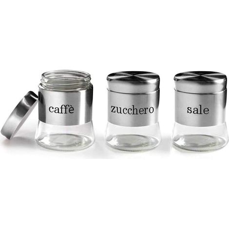 Set 3 Tris Barattoli Contenitori da cucina in vetro e acciaio 750 ml