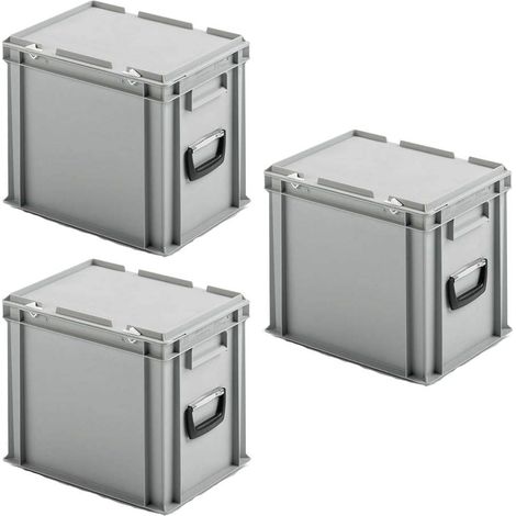 BRB Lot de 3 valises empilables Euro avec 2 poignées de transport en polypropylène Gris 400 x 300 x 330 mm