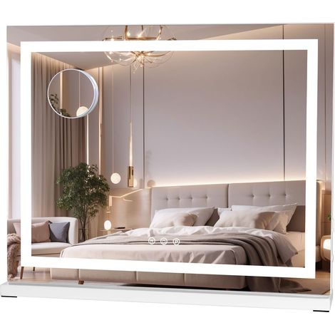 Puluomis – Miroir de maquillage lumineux 58x45 cm – 3 modes d'éclairage – Luminosité réglable – Grossissement 10x – Écran tactile – Port USB