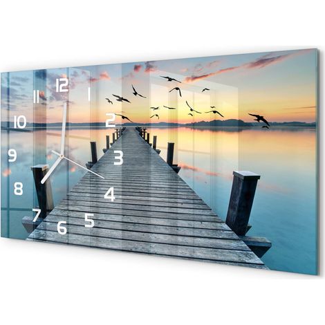 Horloge Murale Panoramique Moderne 60x30 cm Verre Trempé Sans Tic-Tac Pont en bois (1/5)