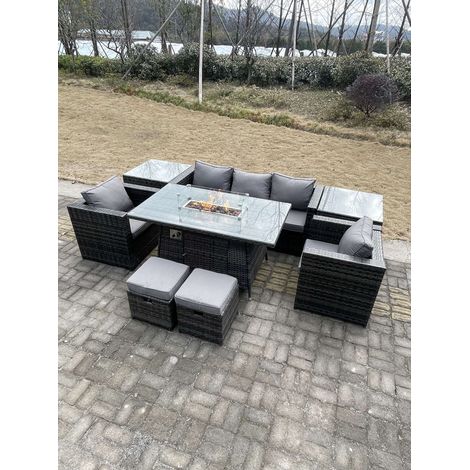 Fimous Outdoor PE Rattan Garden Furniture Gas Fire Pit Dining Table Armchairs With 2 Side Coffee Table Stools Dark Grey Mixed (1/4)