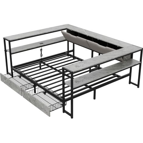 Tagesbett 140x200 Grau mit 2 Schubladen und Metalllattenrost, MDF und Metall (1/5)