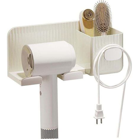 Supporto per asciugacapelli, supporto autoadesivo da parete per strumenti per capelli con gancio per cavo e scatole portaoggetti, supporto multifunzionale per asciugacapelli per accessori da bagno, di