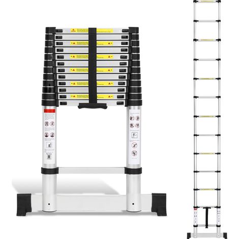 TolleTour Escalera telescópica de aluminio de 3,8 m, escalera de apoyo recta con estabilizador, con una capacidad de carga de hasta 150 kg