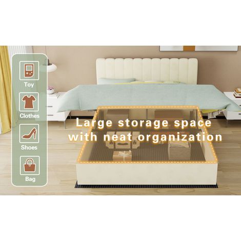 Lit tapissé 160/200 cm beige en tissu et métal avec tête de lit haute et matelas inclus (1/5)