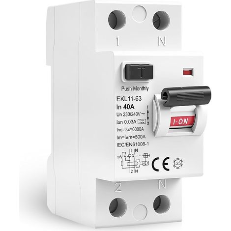 Disjoncteur différentiel 30mA 40A 2 Pôles Disjoncteurs Électriques RCCB Interrupteur differentiel Type A Protection contre les fuites AC230V EKL11-63 Protection IP20(AC230V 40A 2P) (1/5)