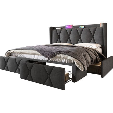 Letto con Cassetti 140 x 200 cm, Letto Matrimoniale con 4 Cassetti, USB e Prese, con Materasso, Lino Grigio (1/5)