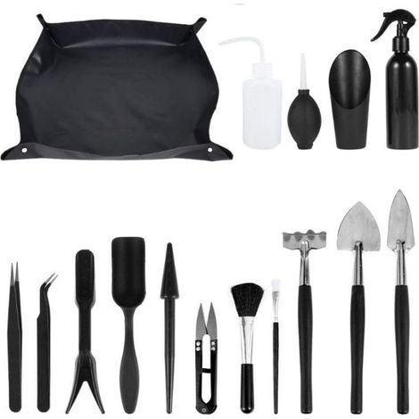 (Noir) Ensemble d'outils de Jardin, Mini Ensemble d'outils de Jardin Intérieur, Ensemble Complet d'outils, Adapté à la Plantation en Intérieur ou en Pot, Un Total de 16 pièces avec Tapis (1/5)