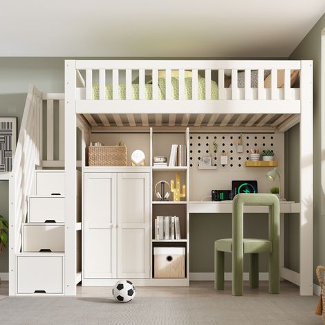 Cama altillo 90x200 cm con escritorio y almacenamientos, con puertos USB y Type-C, de madera, blanca, sin colchón (1/5)