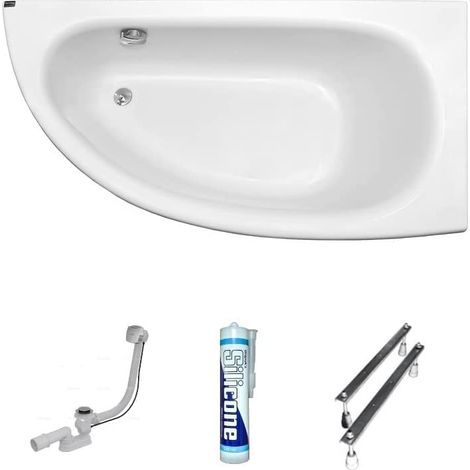 ECOLAM Baignoire d'angle Milena acrylique blanc 150x70 cm droite + bonde vidange et trop-plein automatique, pieds silicone (1/5)