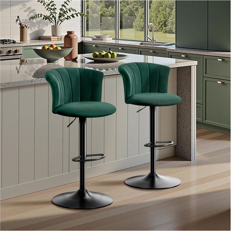 2er Set Barhocker höhenverstellbar, drehbar, mit Lehne, Samt, Grün (1/5)